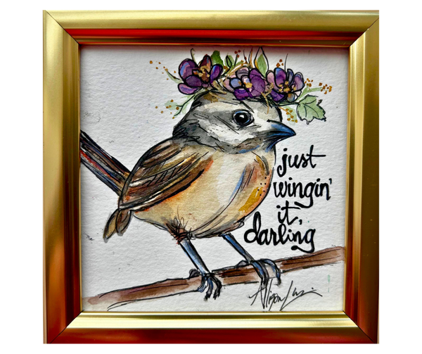 Just Wingin’ it Darling Original Watercolor Painting 5”x 5” Framed