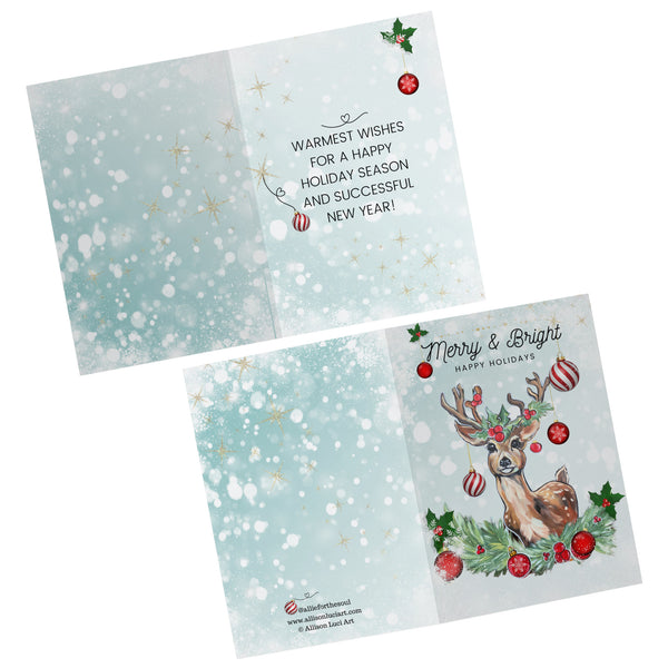 Holiday Christmas Cards Doe Deer Reindeer Art Merry and Bright Holiday Greetings Art Allison Luci