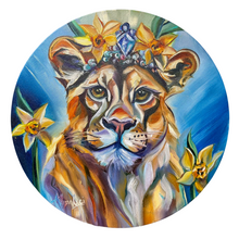 Load image into Gallery viewer, NEW Round Metal Print of Quiet Strength Lion Lioness Oil Painting METAL PRINT
