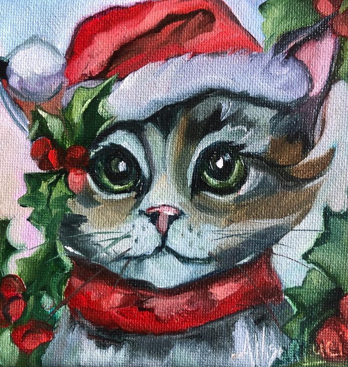 Christmas Cat Pretty Santa Kitty Fine Art Print from Original Oil Painting