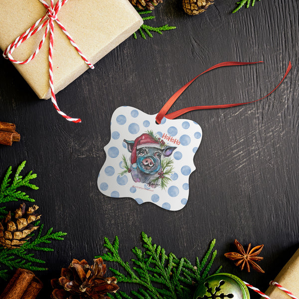 Santa Pig Art Hohoho Christmas Ornament with Blue Polka Dots