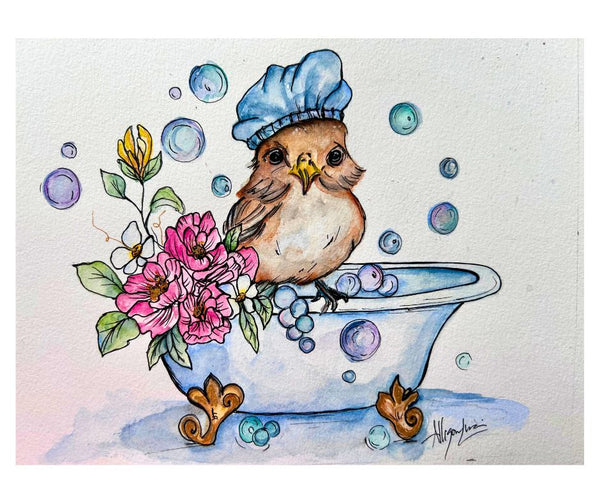 Bath Time Tweets Original Watercolor Painting 8” x 10”