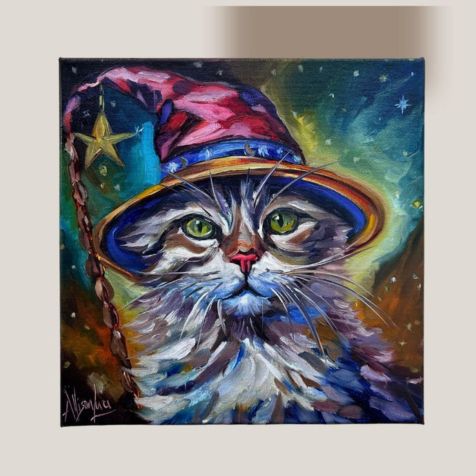 The Feline Alchemist Cat Sorcerer Art Original Oil Painting 10” x 10” Ships Free