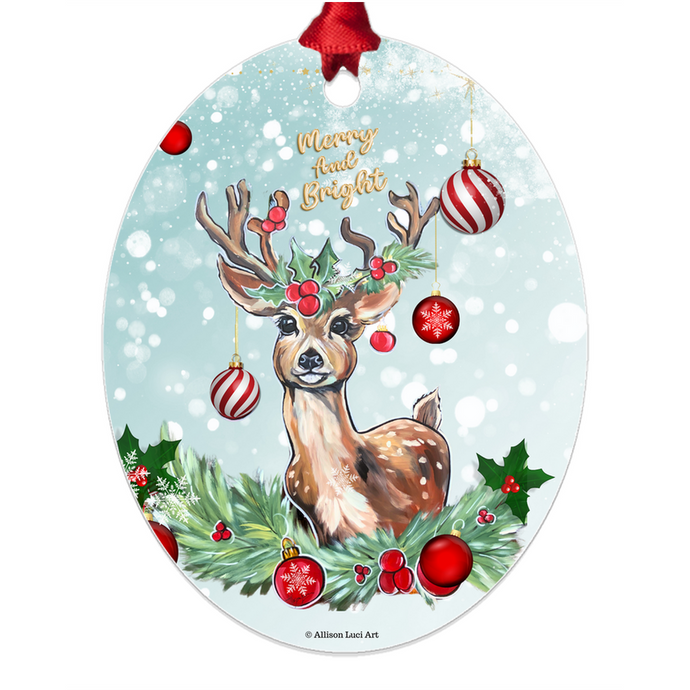 Christmas Deer Merry and Bright Metal Oval Ornament