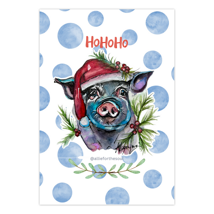 Christmas Piggie Small Notecards - Set of 10 - Watercolor Pig Santa with Warm Wishes