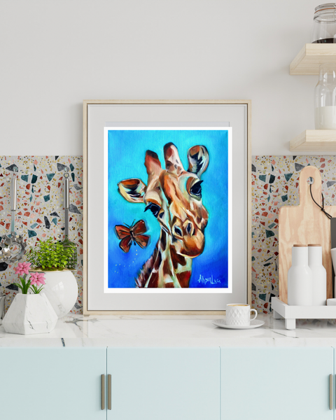 “Betty” Giraffe with Butterfly Fine Art Paper Print