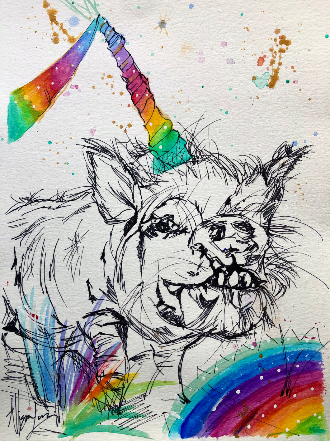 Glitter Rainbow Pig Art Original Mixed Media Painting 9” x 12” - benefits Odd Man In.man Animal Refuge