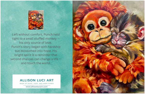 Punch the monkey notecards punch hugging his Ikea stuffed animal painting oil by Allison luci on notecards set of 10
