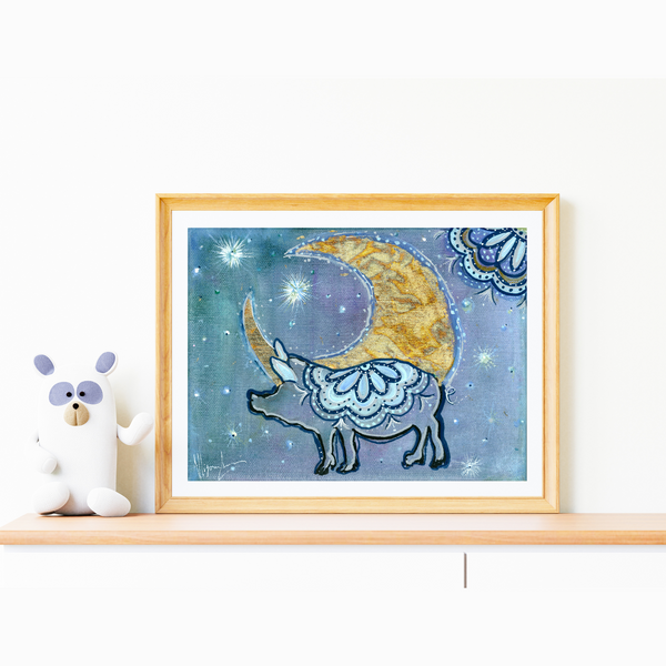 Asleep or Awake I Dream of You Pig Moon Art PAPER Giclee PRINT - Multiple Sizes