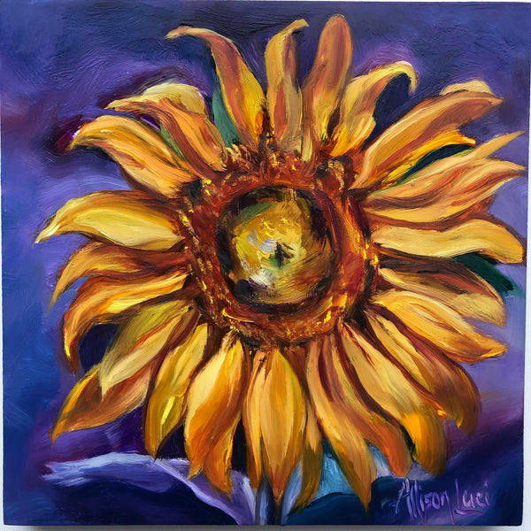Purple Sunflower Square Original Oil Painting 8" x 8"