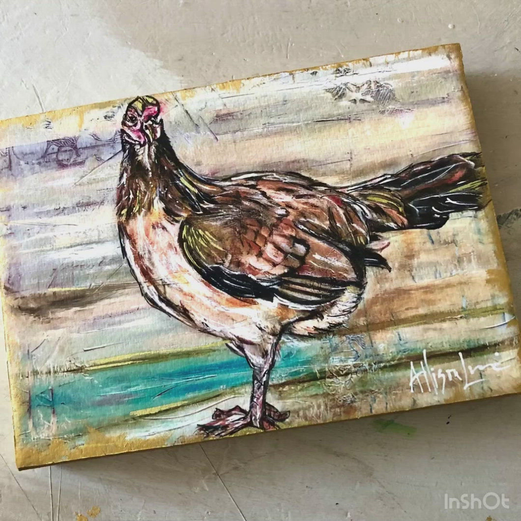 Embellished Print on Canvas with Gold Sides “Sad Chicken” 5”x7”