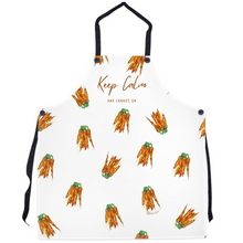Load image into Gallery viewer, keep calm and carrot on vegan vegetarian kitchen apron with allison luci original art
