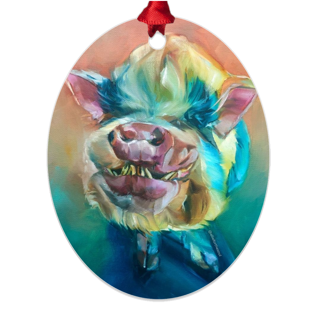 Izzy Man Metal Ornament Pig Portrait Benefiting Arthur's Acres Animal Sanctuary