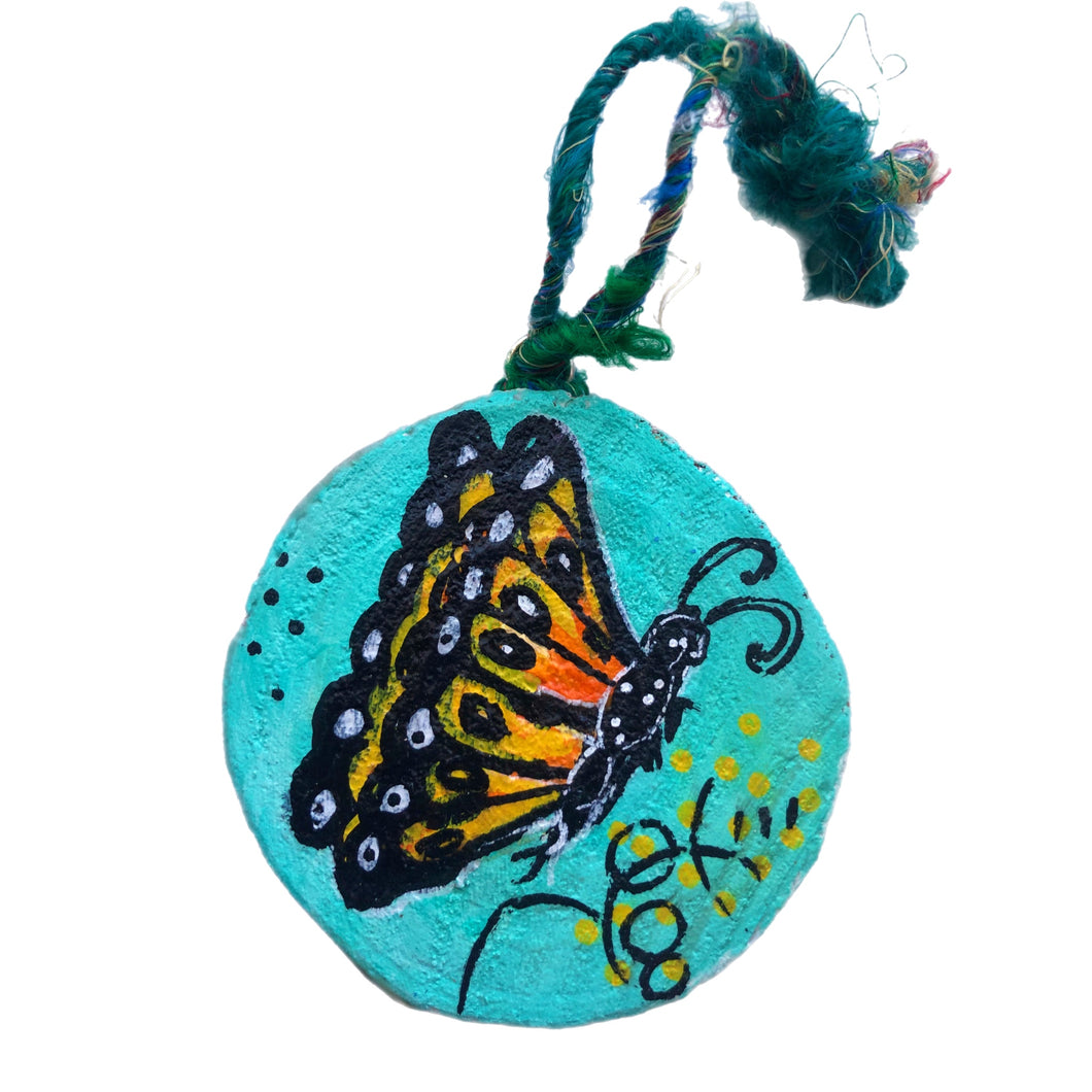Sunny Butterfly Tree Slice Ornament Hand Painted - Butterfly Spring Collection