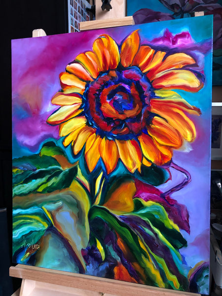 Psychedelic Sunflower Large Original Oil Painting 20" x 24"