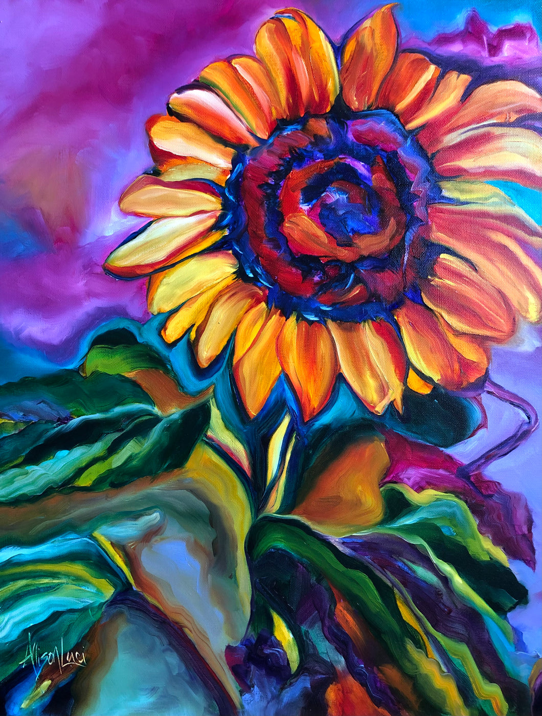 Psychedelic Sunflower Oil Painting Giclee Print on Paper - multiple sizes - Bold Bright Flower Art Print