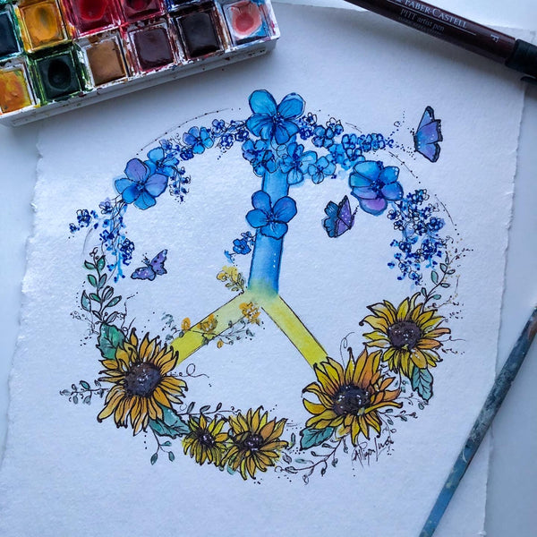 Peace for Ukraine Flower Wreath with Sunflowers Print Allison Luci Art - Multiple Sizes