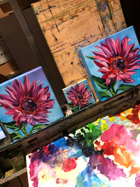 My Own Muse Pink Sunflower Square Original Oil Painting 6" x 6"