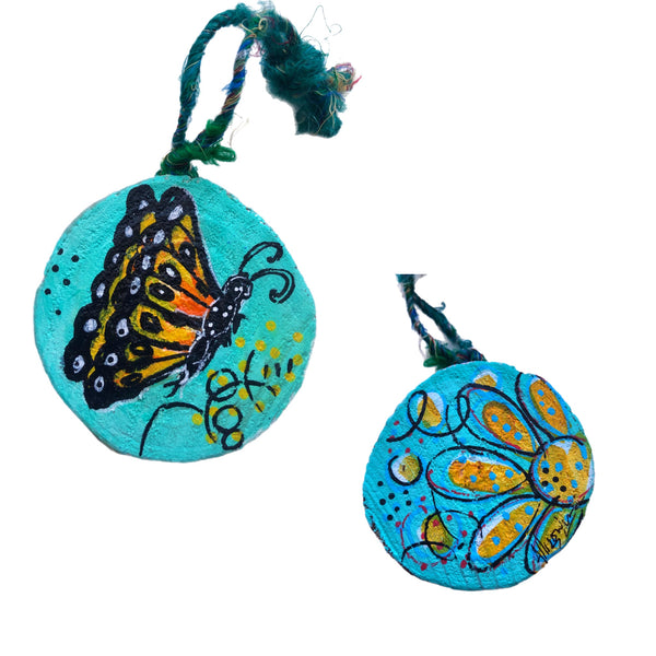 Sunny Butterfly Tree Slice Ornament Hand Painted - Butterfly Spring Collection