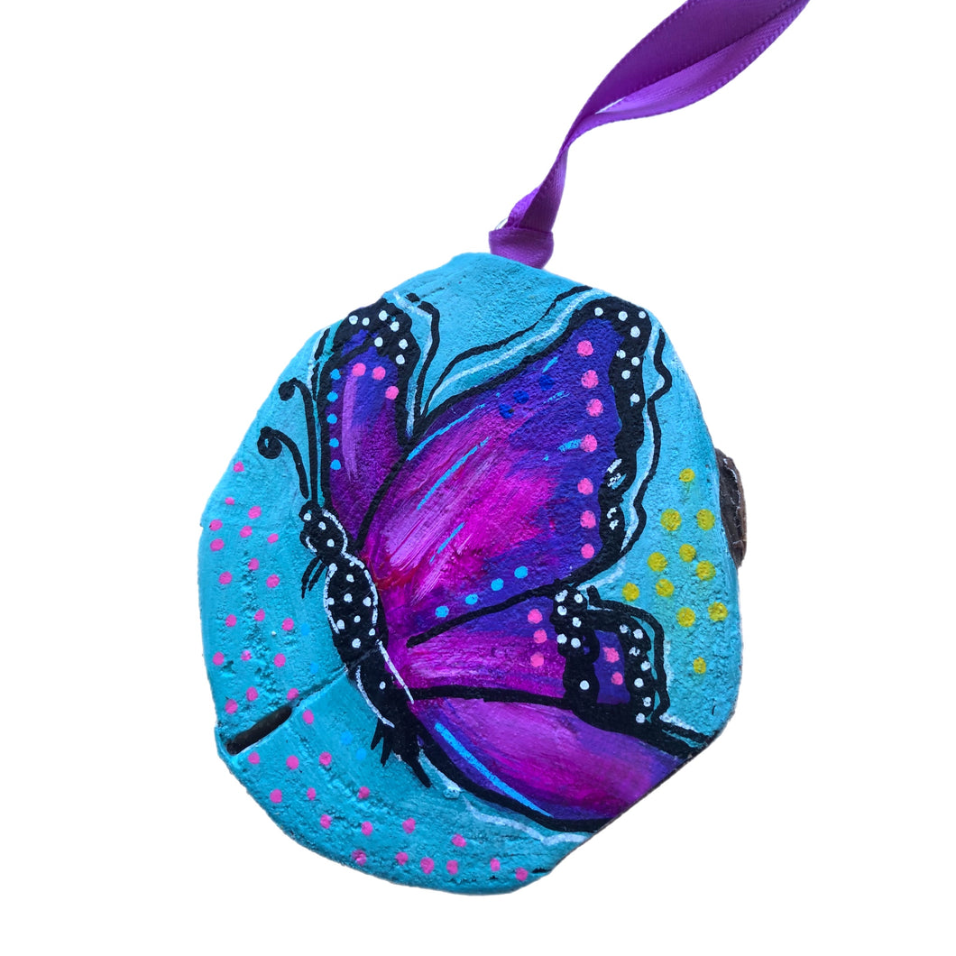 Rare and Gentle Butterfly Tree Slice Ornament Hand Painted - Butterfly Spring Collection