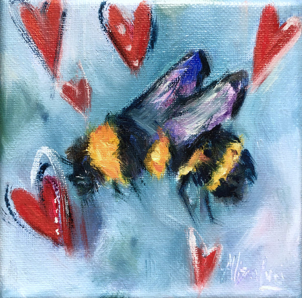 Bee Mine How Sweet It Is to be Loved By You Square Original Oil Painting 5" x 5"