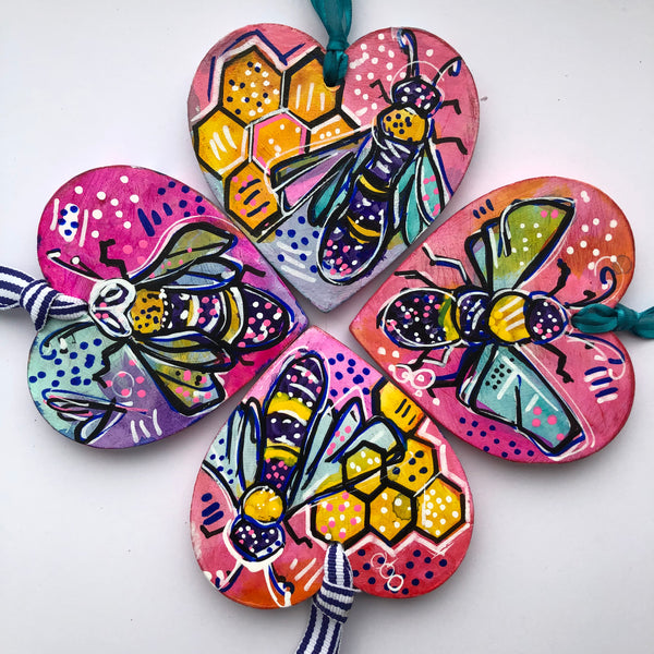 Bee Mine Wood Bee Heart Ornaments