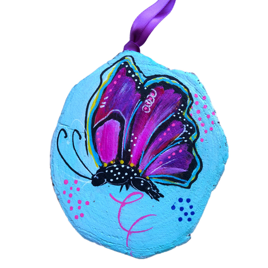 Transformation Butterfly Tree Slice Ornament Hand Painted - Butterfly Spring Collection