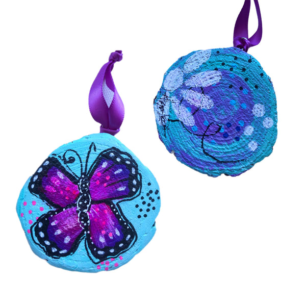 With Brave Wings She Flies Butterfly Tree Slice Ornament Hand Painted - Butterfly Spring Collection