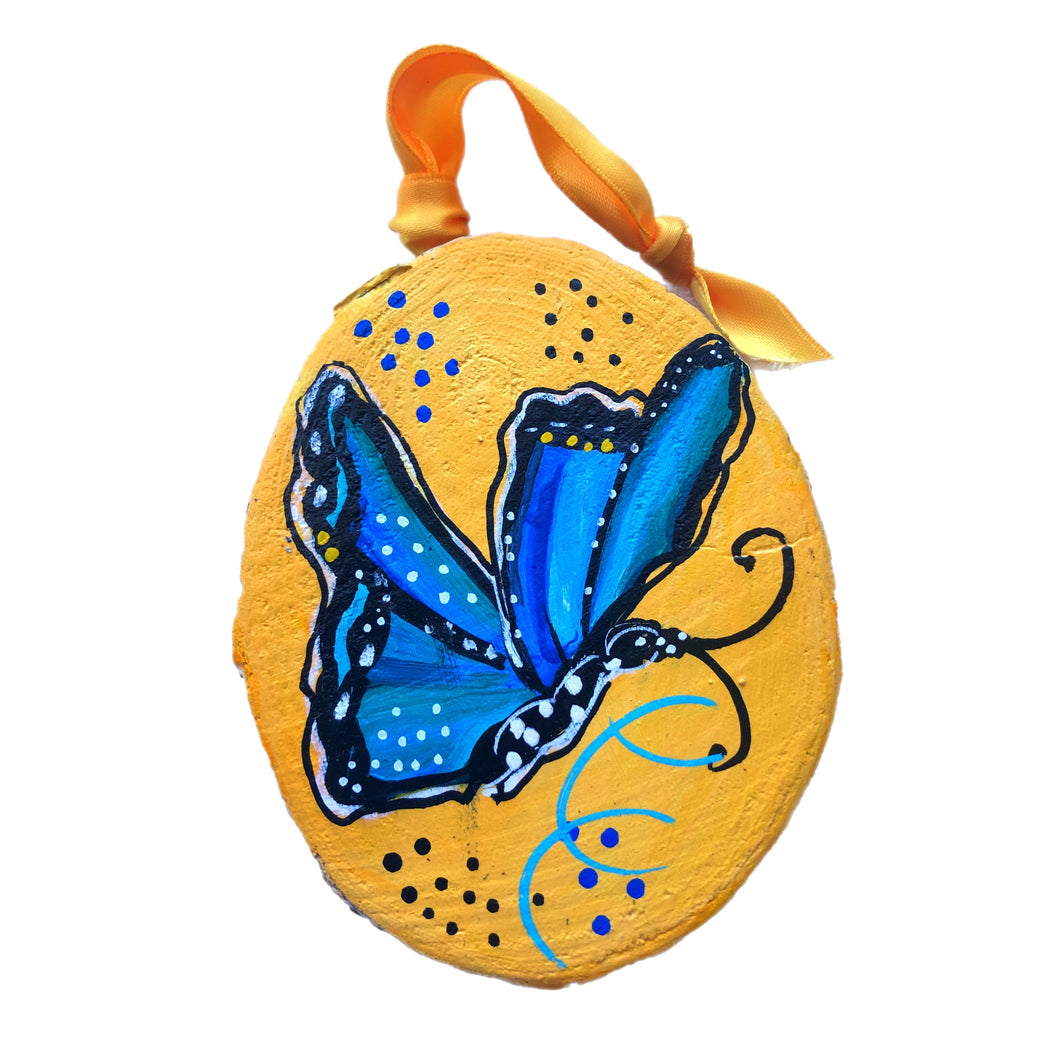 Flying Magic Butterfly Tree Slice Ornament Hand Painted - Butterfly Spring Collection