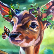 Load image into Gallery viewer, Fairy Doe Precious Holly Square Original Oil Painting 10&quot; x 10&quot;
