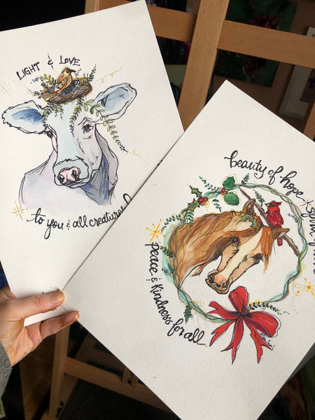 Original Watercolor Painting Cow and Bird Art Light and Love