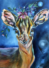 Load image into Gallery viewer, Doe Garden Fairy Deer with Flower CRown Oil Painting Allie for the Soul Allison Luci Art Magical Artwork Mystical Nursery Room Art Decor
