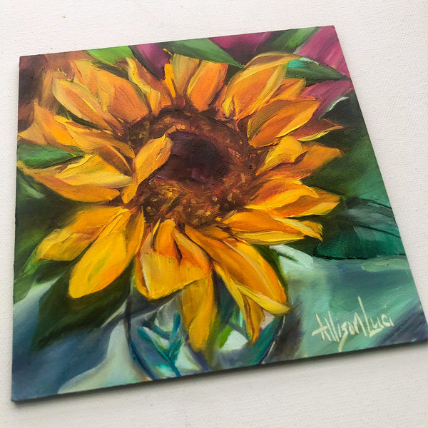 Sunflower Art "A Moment in Time" 6" x 6" Original Oil Painting Allison Luci