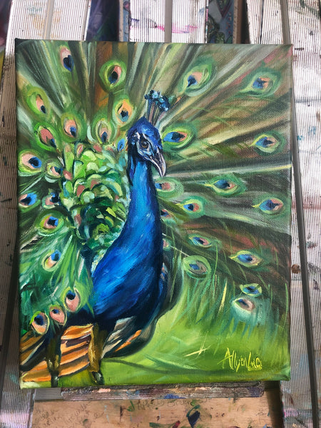 Peacock Original Oil Painting 8” x 10”