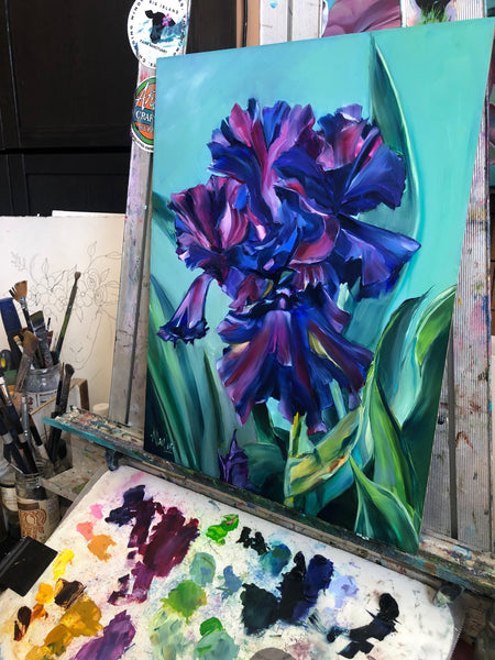 Purple Iris Painting 12" x 16" Oil on Gessoboard