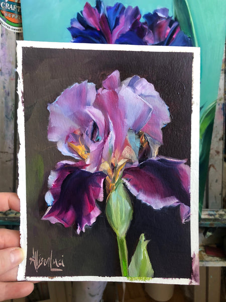 Pink Iris Painting 6" x 8" Oil on Paper