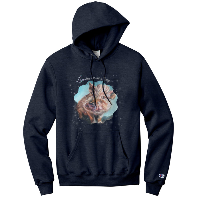 Love Does not Cost a Penny, Penny Lane Pig Art Champion Hoodie - Black or Heathered Navy