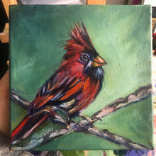 Load image into Gallery viewer, red cardinal believe beyond seeing meaningful inspirational oil painting bird lover visitor from heaven allison luci art allie for the soul
