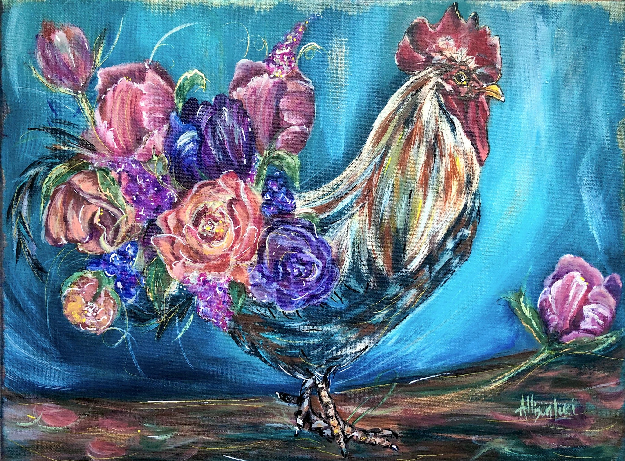 Vintage painting on canvas , chickens. By Alverta fashion Coffindeffer Vesey, FL artist