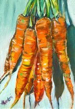 Load image into Gallery viewer, keep calm and carrot on tea towel allison luci art painting vegan vegetable art orange gold kitchen art
