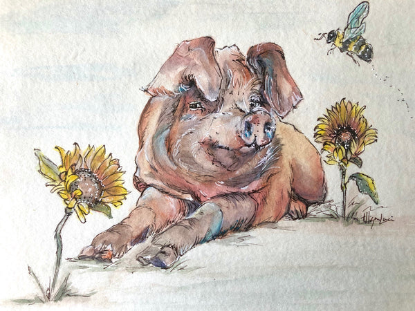 allison-luci-allie-for-the-soul-pig-painting-sunflower-bee-fine-art-print-jolene-odd-man-inn-animal-refuge-sanctuary-ink-illustration