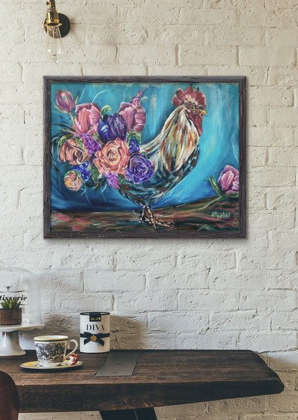 floral chicken flowers feathers country shabby chic gallery wrapped canvas print allison luci artist colorful modern contemporary rooster farm country