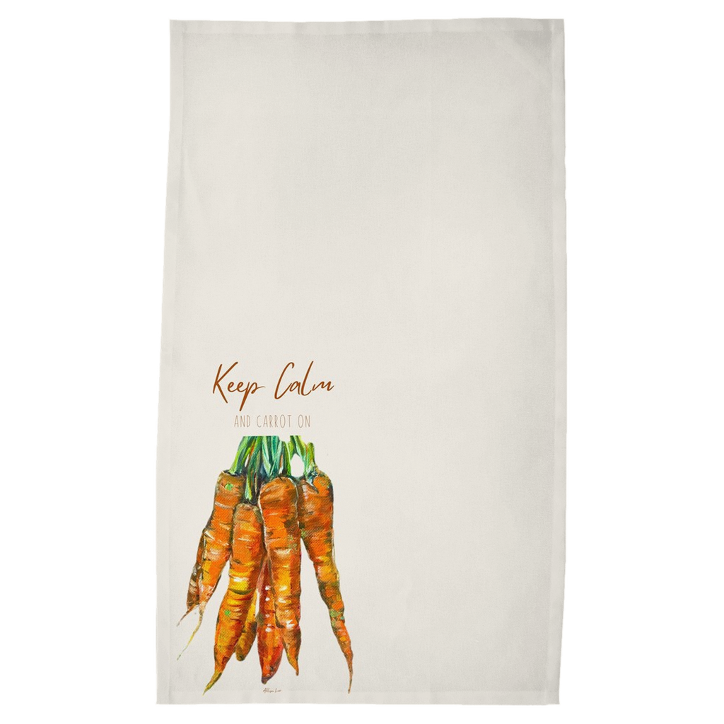 keep calm and carrot on kitchen art tea towel allison luci gift for chef cook vegetable art