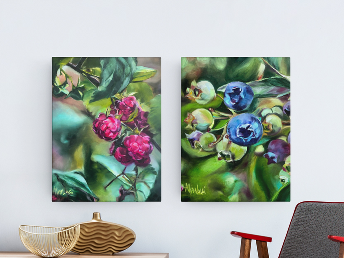 Blueberries & Raspberries SET of Gallery Wrapped CANVAS Prints - SET of 2