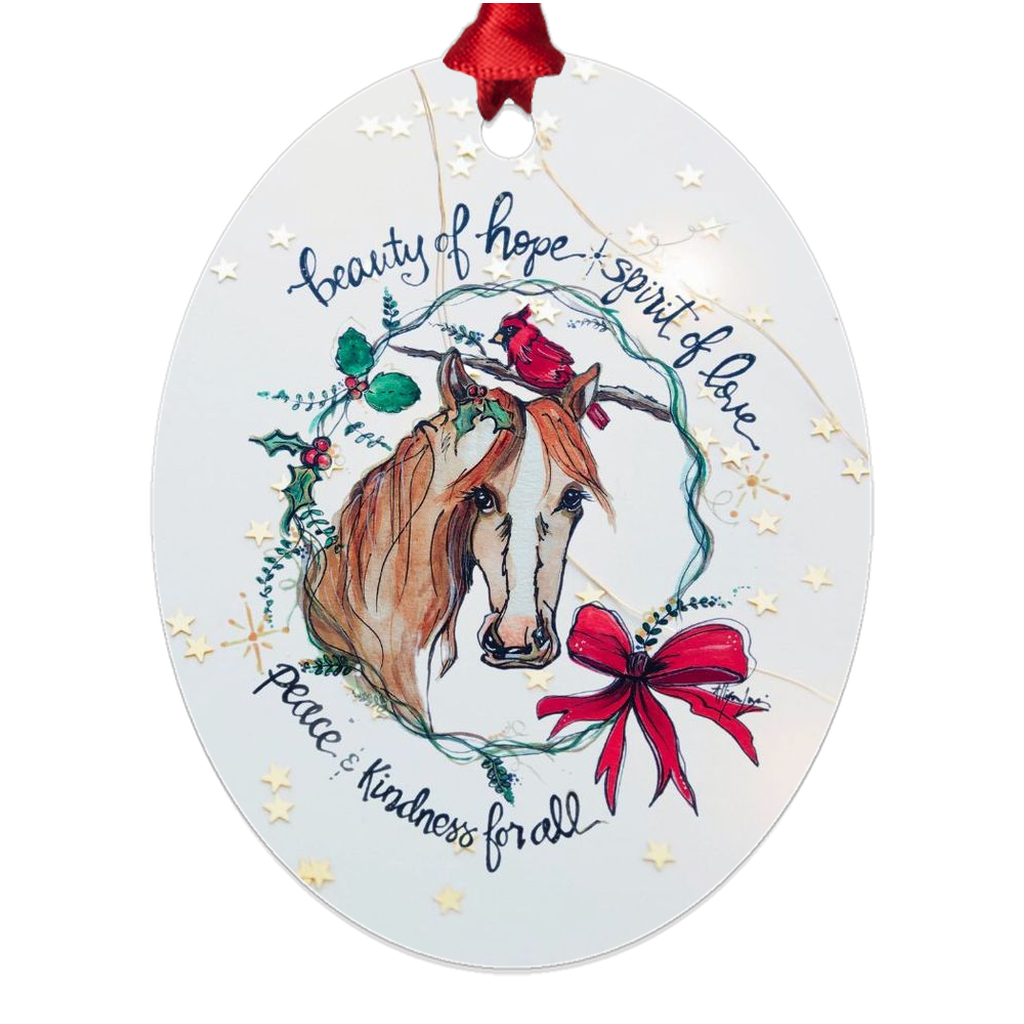 Horse Lover with Red Cardinal Bird Christmas Holiday Metal Ornament - Beauty of Hope, Spirit of Love, Peace and Kindness for All