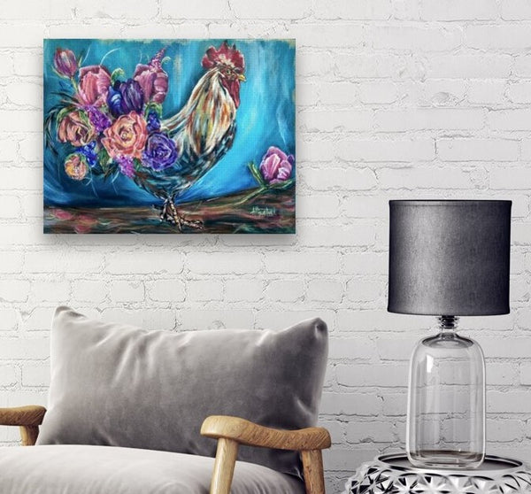 floral chicken flowers feathers country shabby chic gallery wrapped canvas print allison luci artist colorful modern contemporary rooster farm country