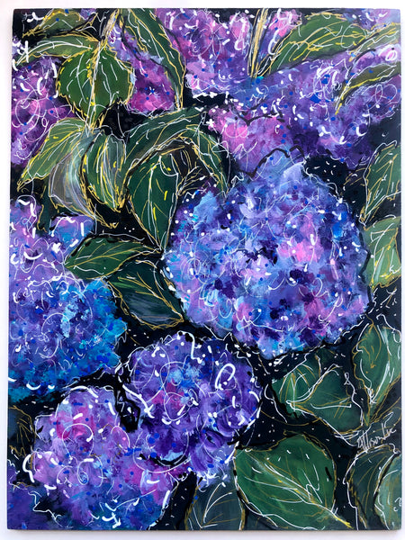 Whimsical Hydrangeas Colorful Original Art 9” x 12”