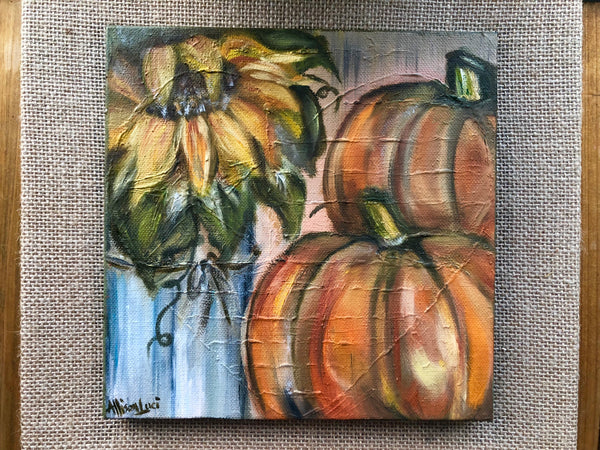 Pumpkins and Sunflowers Original Art 8” x 8”