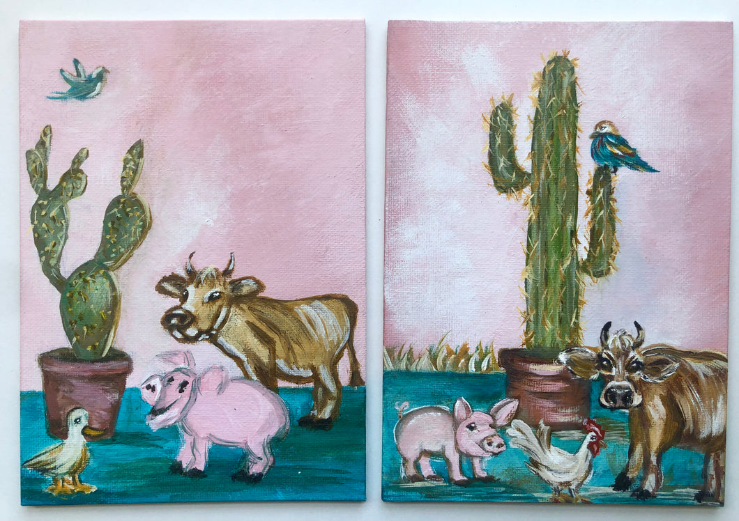 Set of 2 Animal Paintings Originals 5”x 7”