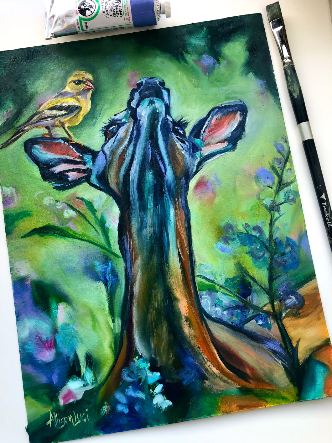 Tranquility Fairy Doe with Bird Original Oil Painting 9x12